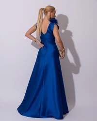 Vestido de Festa longo Zibeline Decote em V com Flores Removível Azul Royal