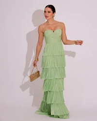 Vestido de Festa Longo Tule Glitter com Camadas Verde Lima
