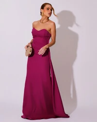 Vestido de Festa Longo Alfaiataria Tomara que Caia Drapeado Faixa Fúcsia Beterraba