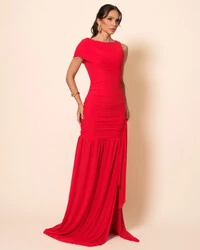 Vestido de Festa Longo Tule Faixa Detalhe Drapeado Vermelho