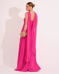 Vestido de Festa Longo Tomara que Caia Plissado com Lenço Pink