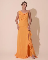 Vestido de Festa Longo Crepe Chiffon Degagê com Fenda e Babado Cascata Laranja Manga