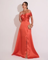 Vestido de Festa Longo Zibeline Ombro a Ombro com Fenda Laranja