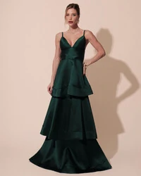 Vestido de Festa Longo Zibeline em Camadas Decote em V com Alças Verde Escuro