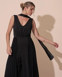 Macacão de Festa Longo Crepe Pantalona Plissado e Lenço Preto