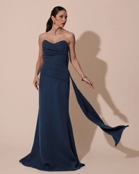 Vestido de Festa Longo Alfaiataria Tomara que Caia Drapeado Faixa Azul Petróleo