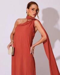 Vestido de Festa Longo Crepe Chiffon Um Ombro Só Drapeado Terracota