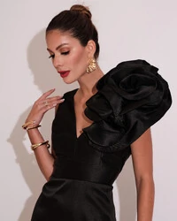 Vestido de Festa longo Zibeline Flor Preto
