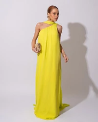 Vestido de Festa Longo Crepe Fluido um Ombro Só com Lenço Verde Lima