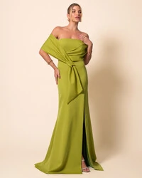 Vestido de Festa Longo Alfaiataria Ombro a Ombro Laço e Fenda Azul Verde Pistache