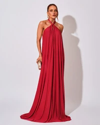 Vestido Longo com Amarração em Malha Cereja
