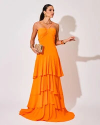 Vestido Longo Crepe com Babado em Camadas Laranja