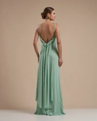 Vestido de Festa Longo Crepe Chiffon Costas Lenço Cauda Verde Menta