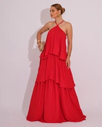 Vestido Longo Babado em Camadas Vermelho