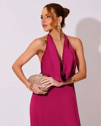 Vestido de Festa Longo Frente Única Degagê Cetim Fluido Cereja