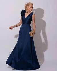 Vestido de Festa longo Zibeline Decote em V com Flores Removivel Azul Marinho