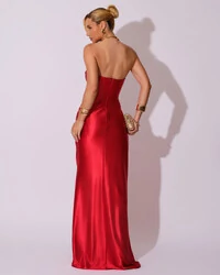 Vestido de Festa longo Cetim Malha Metálico Tomara que Caia Detalhe Drapeado Vermelho