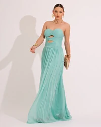 Vestido de Festa Longo Tule Brilho Tomara que Caia Recortes Tiffany