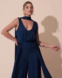 Macacão de Festa Longo Crepe Pantalona Plissado e Lenço Azul Marinho