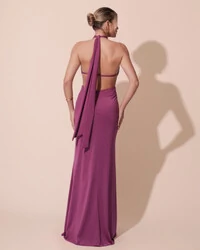 Vestido de Festa Longo Malha Jersey Gola Alta Saia Sereia Fúcsia