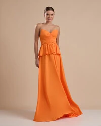 Vestido de Festa Longo Crepe Chiffon Tomara que Caia Peplum Drapeado Laranja