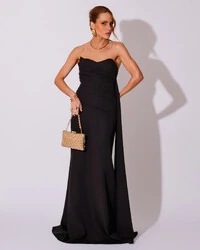 Vestido de Festa Longo Alfaiataria Tomara que Caia Drapeado Faixa Preto