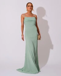 Vestido de Festa Longo Crepe Chiffon Costas Lenço Cauda Verde Menta