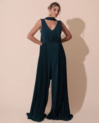 Macacão de Festa Longo Crepe Pantalona Plissado e Lenço Verde Escuro