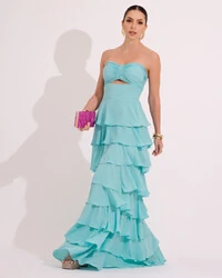 Vestido Longo Crepe Chiffon Tomara que Caia Plissado em Camadas Tiffany
