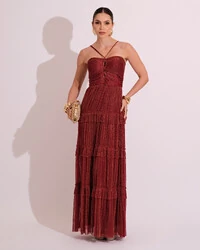 Vestido de Festa Longo Tule com Saia Babado Marsala
