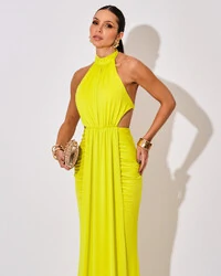 Vestido de Festa Longo Malha Jersey Gola Alta Saia Sereia Verde Lima