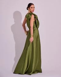 Vestido de Festa Longo em Zibeline com Laço Removível Verde Oliva