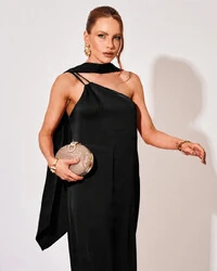 Vestido de Festa Longo em Cetim Fluido um Ombro Só com Lenço Preto