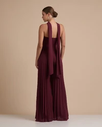 Macacão de Festa Longo Crepe Chiffon Tomara que Caia Plissado com Lenço Marsala