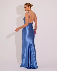Vestido de Festa Longo Malha Cetim Busto Drapeado Saia Sereia Azul