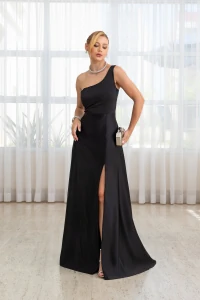 Vestido Longo de Festa Cetim um Ombro Só Preto