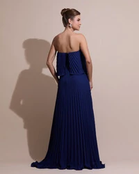 Vestido de Festa Longo Crepe Chiffon Tomara que Caia Plissado com Babado Cascata Azul Marinho