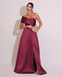 Vestido de Festa longo Faixa Ombro e Fenda Zibeline Fúcsia