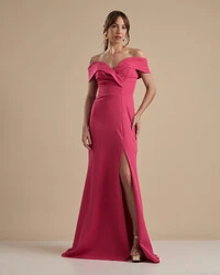 Vestido de Festa Longo Alfaiataria Ombro a Ombro com Fenda Pink