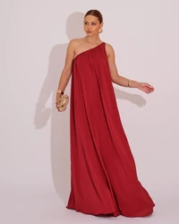 Vestido de Festa Longo Crepe Fluido um Ombro Só com Lenço Marsala