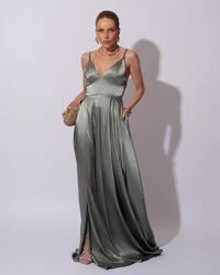 Vestido de Festa Longo Cetim Decote em V e Fenda Verde Menta