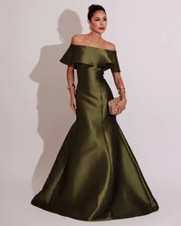Vestido de Festa Longo Ombro a Ombro Zibeline com Babado Verde Oliva