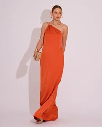 Vestido de Festa Longo em Cetim Fluido um Ombro Só Terracota