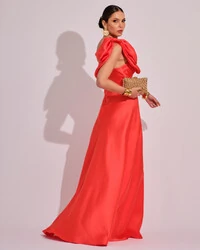 Vestido de Festa Longo em Zibeline com Laço Removível Laranja