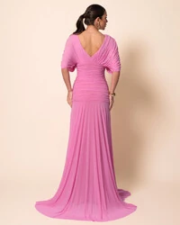 Vestido de Festa Longo Tule Manga Curta Drapeado Rosa