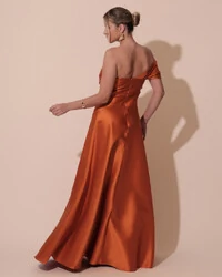 Vestido de Festa longo Faixa Ombro e Fenda Zibeline Terracota