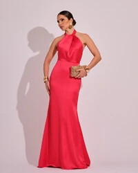 Vestido de Festa Longo em Cetim Alfaiataria com Elastano Frente Única Coral