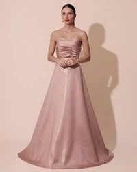 Vestido de Festa Longo Cetim Cristal Tomara que Caia Drapeado Mocha Mousse