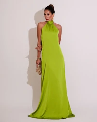 Vestido de Festa Gola Alta com Decote nas Costas Acetinado Verde Lima Escuro