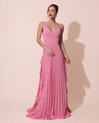 Vestido de Festa Longo Crepe Chiffon Alça Fina Saia Plissada com Babado Cascata Rosa